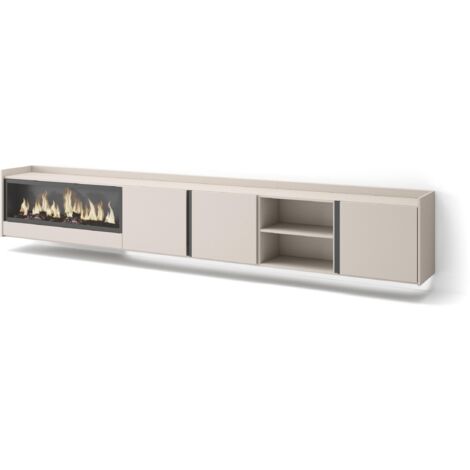 Skraut Home - Meuble TV, Banc Télé, Grand espace de Rangement, 315x35x50cm, Pour les TV jusqu'à 80", Cheminée électrique XXL, Suspendu, Mural, LED, Style moderne, Beige (1/5)