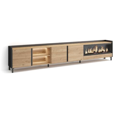 Skraut Home - Meuble TV, Banc Télé, Grand espace de Rangement, 315x35x61cm, Pour les TV jusqu'à 80", Cheminée électrique XXL, Design industriel, LED, Style moderne, Chêne et noir (1/5)