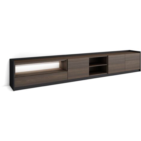 Skraut Home - Meuble TV, Banc Télé, Grand espace de Rangement, 310x37x50cm, Pour les TV jusqu'à 80", LED, Style moderne, Chêne foncé et Noir (1/5)