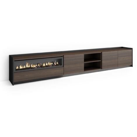 Skraut Home - Meuble TV, Banc Télé, Grand espace de Rangement, 310x37x50cm, Pour les TV jusqu'à 80", Cheminée électrique, LED, Style moderne, Chêne foncé et Noir (1/5)