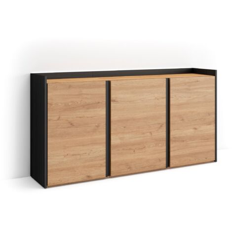 Skraut Home - Buffet salon et cuisine, Meuble de Rangement, Commode, 156x35x80cm, 3 Portes, LED, Style moderne, Chêne et noir (1/5)