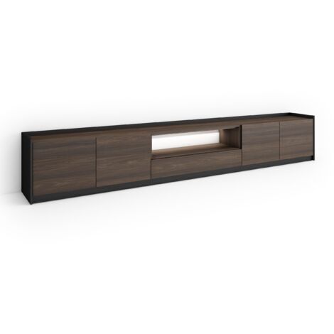 Skraut Home - Meuble TV, Banc Télé, Grand espace de Rangement, 310x37x50cm, Pour les TV jusqu'à 80", LED, Style moderne, Chêne foncé et Noir (1/5)