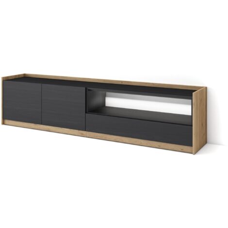 Skraut Home - Meuble TV, Banc Télé, Grand espace de Rangement, 207x37x50cm, Pour les TV jusqu'à 80", LED, Style moderne, Noir et chêne (1/5)