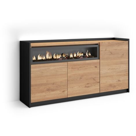 Skraut Home - Buffet salon et cuisine, Meuble de Rangement, Commode, 156x37x80cm, 3 Portes, Cheminée électrique, LED, Style moderne, Chêne et noir (1/5)