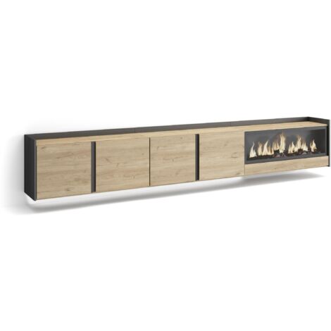 Skraut Home - Meuble TV, Banc Télé, Grand espace de Rangement, 315x35x50cm, Pour les TV jusqu'à 80", Cheminée électrique XXL, Suspendu, Mural, LED, Style moderne, Chêne et noir (1/5)