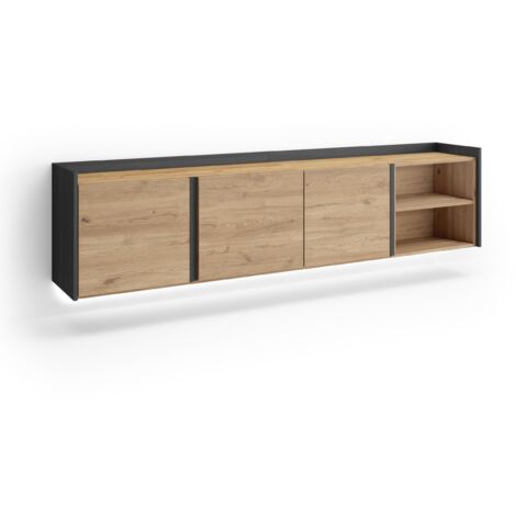 Skraut Home - Meuble TV, Banc Télé, Grand espace de Rangement, 207x35x50cm, Pour les TV jusqu'à 80", Suspendu, Mural, LED, Style moderne, Chêne et noir (1/5)