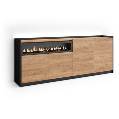 Skraut Home - Buffet salon et cuisine, Meuble de Rangement, Commode, 207x37x80cm, 4 Portes, Cheminée électrique, LED, Style moderne, Chêne et noir (1/5)