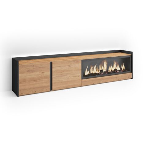Skraut Home - Meuble TV, Banc Télé, Grand espace de Rangement, 212x35x50cm, Pour les TV jusqu'à 80", Cheminée électrique XXL, LED, Style moderne, Chêne et noir (1/5)