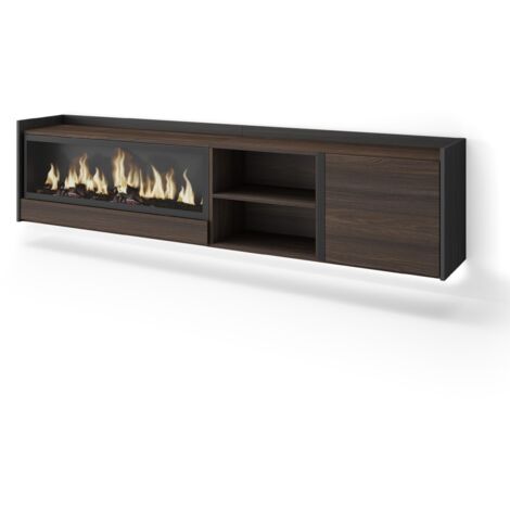 Skraut Home - Meuble TV, Banc Télé, Grand espace de Rangement, 212x35x50cm, Pour les TV jusqu'à 80", Cheminée électrique XXL, Suspendu, Mural, LED, Style moderne, Chêne foncé et Noir (1/5)