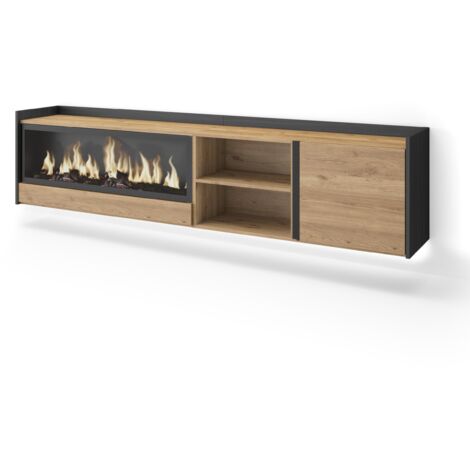Skraut Home - Meuble TV, Banc Télé, Grand espace de Rangement, 212x35x50cm, Pour les TV jusqu'à 80", Cheminée électrique XXL, Suspendu, Mural, LED, Style moderne, Chêne et noir (1/5)