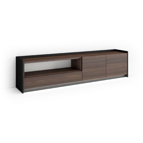 Skraut Home - Meuble TV, Banc Télé, Grand espace de Rangement, 207x37x50cm, Pour les TV jusqu'à 80", LED, Style moderne, Chêne foncé et Noir (1/5)