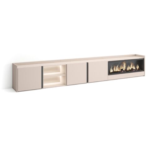 Skraut Home - Meuble TV, Banc Télé, Grand espace de Rangement, 315x35x50cm, Pour les TV jusqu'à 80", Cheminée électrique XXL, LED, Style moderne, Beige (1/5)