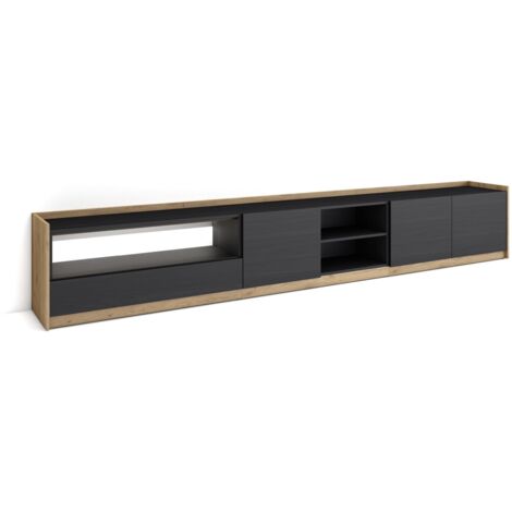 Skraut Home - Meuble TV, Banc Télé, Grand espace de Rangement, 310x37x50cm, Pour les TV jusqu'à 80", LED, Style moderne, Noir et chêne (1/5)