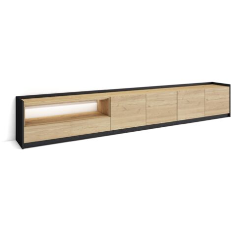 Skraut Home - Meuble TV, Banc Télé, Grand espace de Rangement, 310x37x50cm, Pour les TV jusqu'à 80", LED, Style moderne, Chêne et noir (1/5)