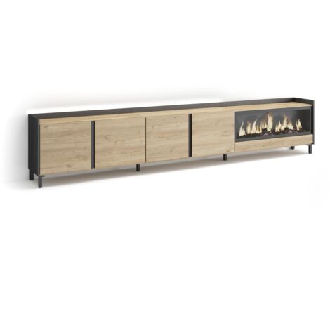 Skraut Home - Meuble TV, Banc Télé, Grand espace de Rangement, 315x35x61cm, Pour les TV jusqu'à 80", Cheminée électrique XXL, Design industriel, LED, Style moderne, Chêne et noir (1/5)