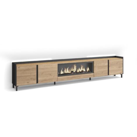 Skraut Home - Meuble TV, Banc Télé, Grand espace de Rangement, 315x35x61cm, Pour les TV jusqu'à 80", Cheminée électrique XXL, Design industriel, LED, Style moderne, Chêne et noir (1/5)