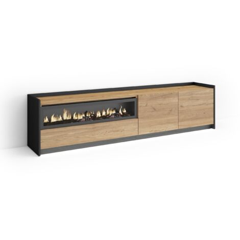 Skraut Home - Meuble TV, Banc Télé, Grand espace de Rangement, 207x37x50cm, Pour les TV jusqu'à 80", Cheminée électrique, LED, Style moderne, Chêne et noir (1/5)