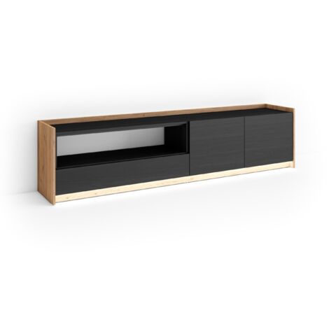 Skraut Home - Meuble TV, Banc Télé, Grand espace de Rangement, 207x37x50cm, Pour les TV jusqu'à 80", LED, Style moderne, Noir et chêne (1/5)