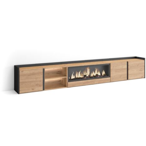 Skraut Home - Meuble TV, Banc Télé, Grand espace de Rangement, 315x35x50cm, Pour les TV jusqu'à 80", Cheminée électrique XXL, LED, Style moderne, Chêne et noir (1/5)