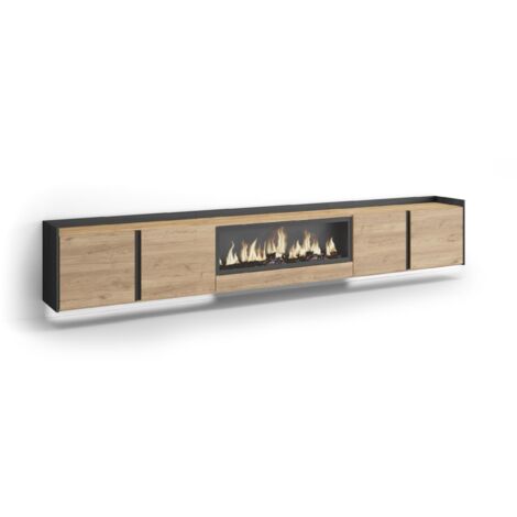 Skraut Home - Meuble TV, Banc Télé, Grand espace de Rangement, 315x35x50cm, Pour les TV jusqu'à 80", Cheminée électrique XXL, Suspendu, Mural, LED, Style moderne, Chêne et noir (1/5)