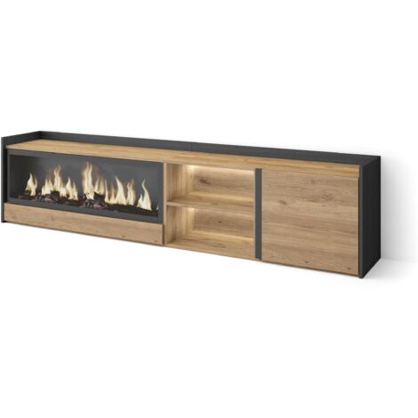 Skraut Home - Meuble TV, Banc Télé, Grand espace de Rangement, 212x35x50cm, Pour les TV jusqu'à 80", Cheminée électrique XXL, LED, Style moderne, Chêne et noir (1/5)