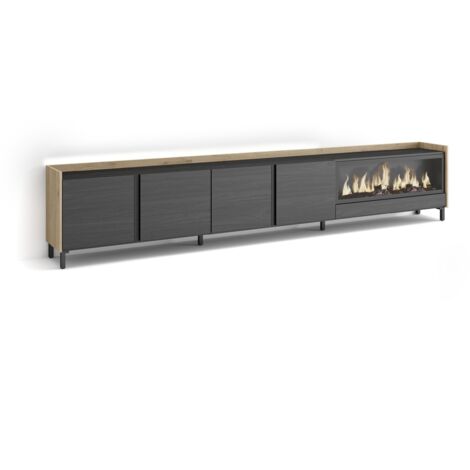 Skraut Home - Meuble TV, Banc Télé, Grand espace de Rangement, 315x35x61cm, Pour les TV jusqu'à 80", Cheminée électrique XXL, Design industriel, LED, Style moderne, Noir et chêne (1/5)
