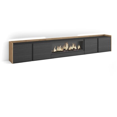Skraut Home - Meuble TV, Banc Télé, Grand espace de Rangement, 315x35x50cm, Pour les TV jusqu'à 80", Cheminée électrique XXL, LED, Style moderne, Noir et chêne (1/5)