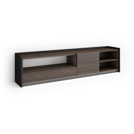 Skraut Home - Meuble TV, Banc Télé, Grand espace de Rangement, 207x37x50cm, Pour les TV jusqu'à 80", LED, Style moderne, Chêne foncé et Noir (1/5)