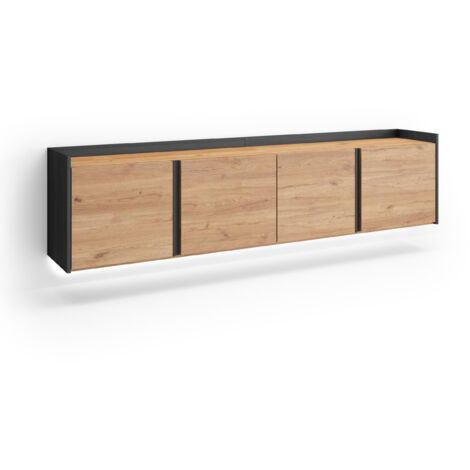 Skraut Home - Meuble TV, Banc Télé, Grand espace de Rangement, 207x35x50cm, Pour les TV jusqu'à 80", Suspendu, Mural, LED, Style moderne, Chêne et noir (1/5)