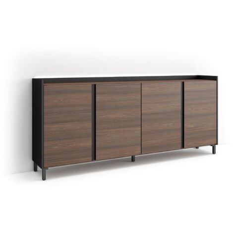 Skraut Home - Buffet salon et cuisine, Meuble de Rangement, Commode, 207x35x91cm, 4 Portes, Design industriel, LED, Style moderne, Chêne foncé et Noir (1/5)