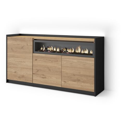 Skraut Home - Buffet salon et cuisine, Meuble de Rangement, Commode, 156x37x80cm, 3 Portes, Cheminée électrique, LED, Style moderne, Chêne et noir (1/5)