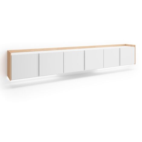 Skraut Home - Meuble TV, Banc Télé, Grand espace de Rangement, 309x35x50cm, Pour les TV jusqu'à 80", Suspendu, Mural, LED, Style moderne, Blanc et Chêne Soft (1/5)
