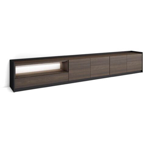 Skraut Home - Meuble TV, Banc Télé, Grand espace de Rangement, 310x37x50cm, Pour les TV jusqu'à 80", LED, Style moderne, Chêne foncé et Noir (1/5)