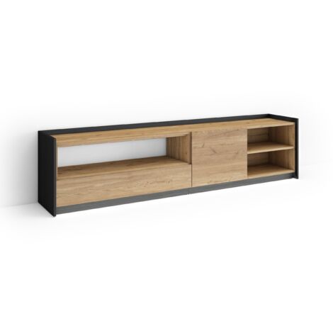Skraut Home - Meuble TV, Banc Télé, Grand espace de Rangement, 207x37x50cm, Pour les TV jusqu'à 80", LED, Style moderne, Chêne et noir (1/5)