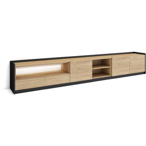 Skraut Home - Meuble TV, Banc Télé, Grand espace de Rangement, 310x37x50cm, Pour les TV jusqu'à 80", LED, Style moderne, Chêne et noir (1/5)