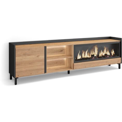Skraut Home - Meuble TV, Banc Télé, Grand espace de Rangement, 212x35x61cm, Pour les TV jusqu'à 80", Cheminée électrique XXL, Design industriel, LED, Style moderne, Chêne et noir (1/5)