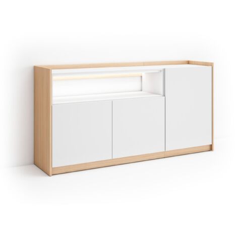 Skraut Home - Buffet salon et cuisine, Meuble de Rangement, Commode, 156x37x80cm, 3 Portes, LED, Style moderne, Blanc et Chêne Soft (1/5)