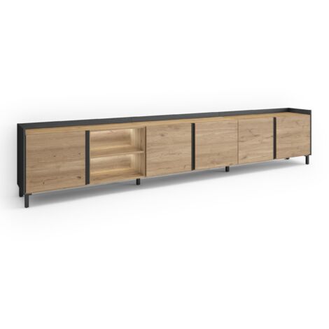 Skraut Home - Meuble TV, Banc Télé, Grand espace de Rangement, 309x35x61cm, Pour les TV jusqu'à 80", Design industriel, LED, Style moderne, Chêne et noir (1/5)