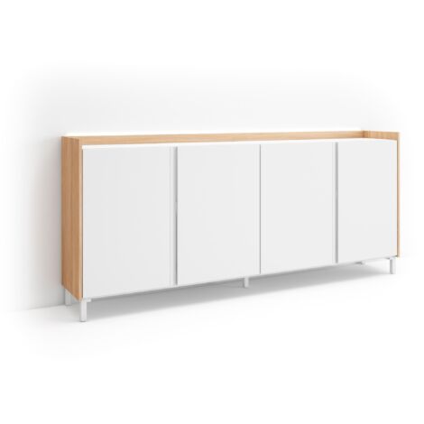 Skraut Home - Buffet salon et cuisine, Meuble de Rangement, Commode, 207x35x91cm, 4 Portes, Design industriel, LED, Style moderne, Blanc et Chêne Soft (1/5)