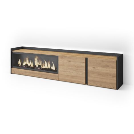 Skraut Home - Meuble TV, Banc Télé, Grand espace de Rangement, 212x35x50cm, Pour les TV jusqu'à 80", Cheminée électrique XXL, LED, Style moderne, Chêne et noir (1/5)