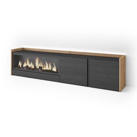 Skraut Home - Meuble TV, Banc Télé, Grand espace de Rangement, 212x35x50cm, Pour les TV jusqu'à 80", Cheminée électrique XXL, LED, Style moderne, Noir et chêne (1/5)
