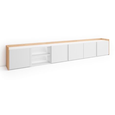 Skraut Home - Meuble TV, Banc Télé, Grand espace de Rangement, 309x35x50cm, Pour les TV jusqu'à 80", LED, Style moderne, Blanc et Chêne Soft (1/5)