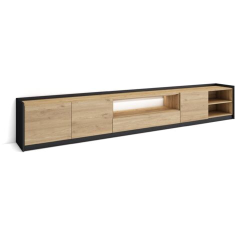 Skraut Home - Meuble TV, Banc Télé, Grand espace de Rangement, 310x37x50cm, Pour les TV jusqu'à 80", LED, Style moderne, Chêne et noir (1/5)