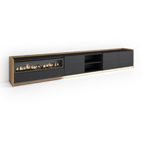 Skraut Home - Meuble TV, Banc Télé, Grand espace de Rangement, 310x37x50cm, Pour les TV jusqu'à 80", Cheminée électrique, LED, Style moderne, Noir et chêne (1/5)
