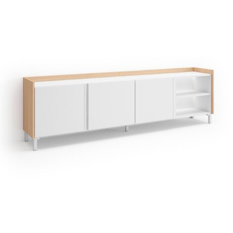 Skraut Home - Meuble TV, Banc Télé, Grand espace de Rangement, 207x35x61cm, Pour les TV jusqu'à 80", Design industriel, LED, Style moderne, Blanc et Chêne Soft (1/5)