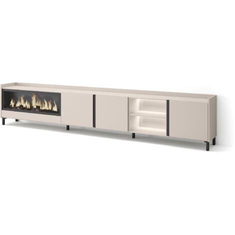 Skraut Home - Meuble TV, Banc Télé, Grand espace de Rangement, 315x35x61cm, Pour les TV jusqu'à 80", Cheminée électrique XXL, Design industriel, LED, Style moderne, Beige (1/5)