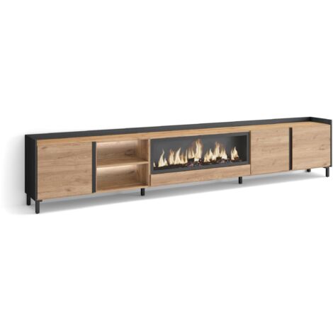 Skraut Home - Meuble TV, Banc Télé, Grand espace de Rangement, 315x35x61cm, Pour les TV jusqu'à 80", Cheminée électrique XXL, Design industriel, LED, Style moderne, Chêne et noir (1/5)
