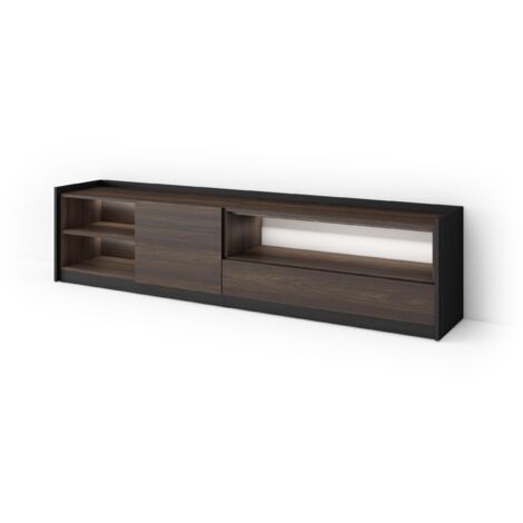Skraut Home - Meuble TV, Banc Télé, Grand espace de Rangement, 207x37x50cm, Pour les TV jusqu'à 80", LED, Style moderne, Chêne foncé et Noir (1/5)