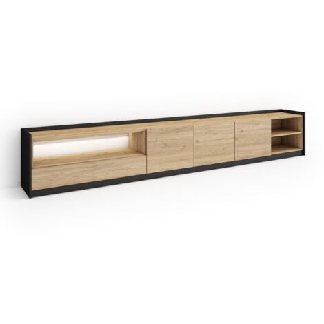 Skraut Home - Meuble TV, Banc Télé, Grand espace de Rangement, 310x37x50cm, Pour les TV jusqu'à 80", LED, Style moderne, Chêne et noir (1/5)