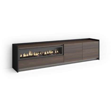 Skraut Home - Meuble TV, Banc Télé, Grand espace de Rangement, 207x37x50cm, Pour les TV jusqu'à 80", Cheminée électrique, LED, Style moderne, Chêne foncé et Noir (1/5)